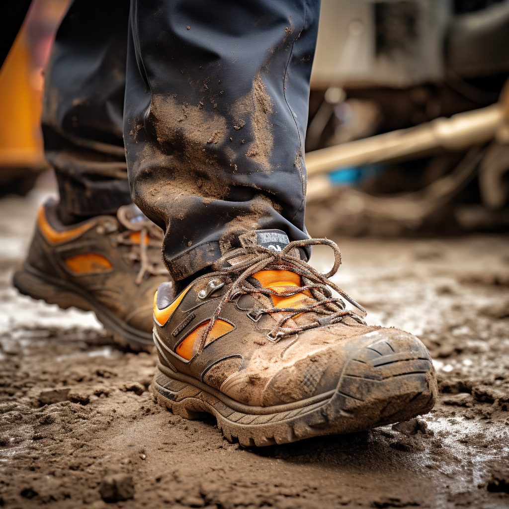 labor day photo worker wearing shoe with mud holding hammer Starlet Innovation